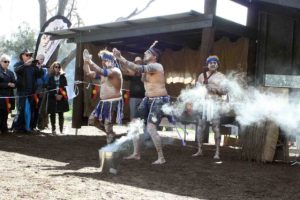 3 Aboriginal men performing a ceremonial dance at the John Masters Bird Hide 2013 opening